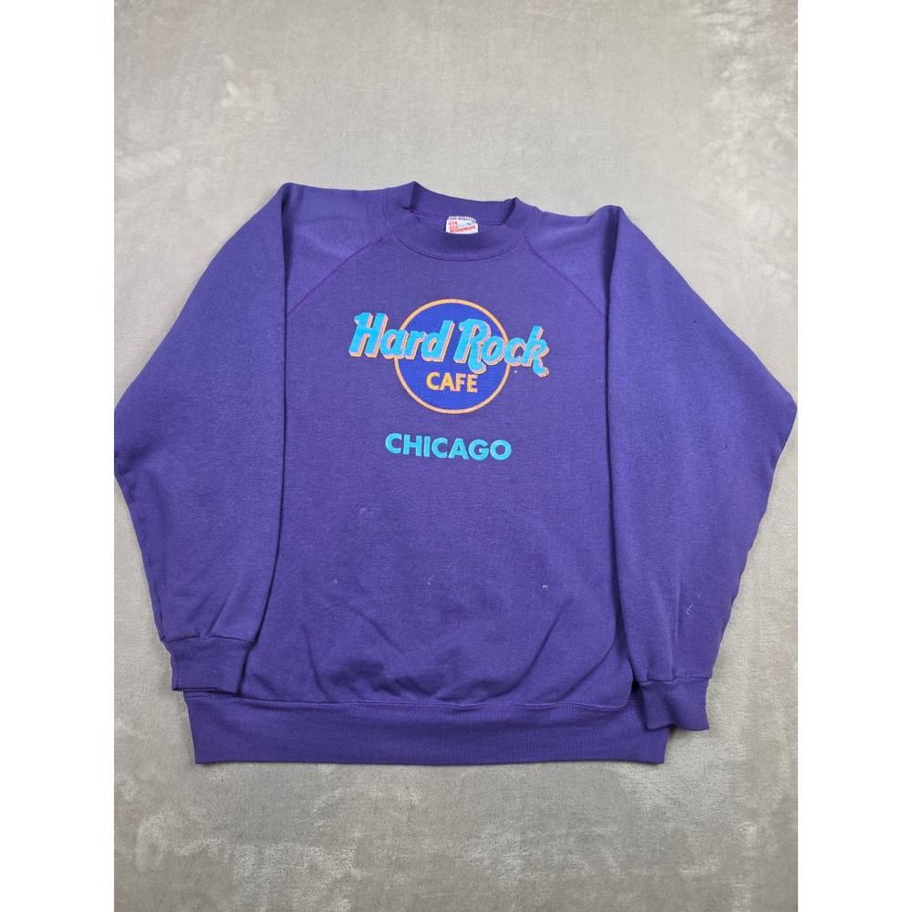 Vintage Hanes Hard Rock Cafe Chicago Sweatshirt Womens XL Purple Raglan Crew USA
